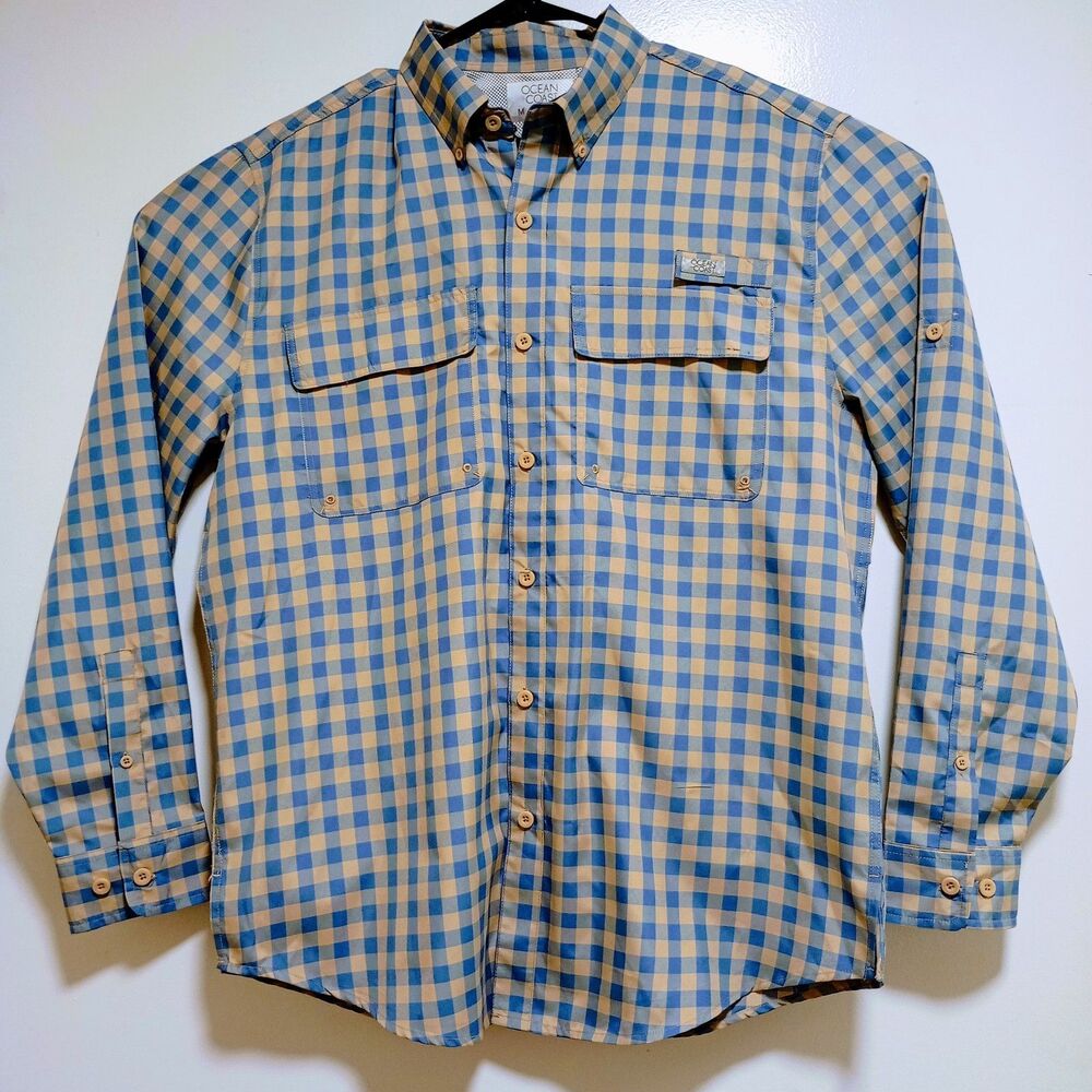 Ocean + Coast Mens Medium Fishing Shirt Blue Gingham Plaid Long Sleeve Vent M